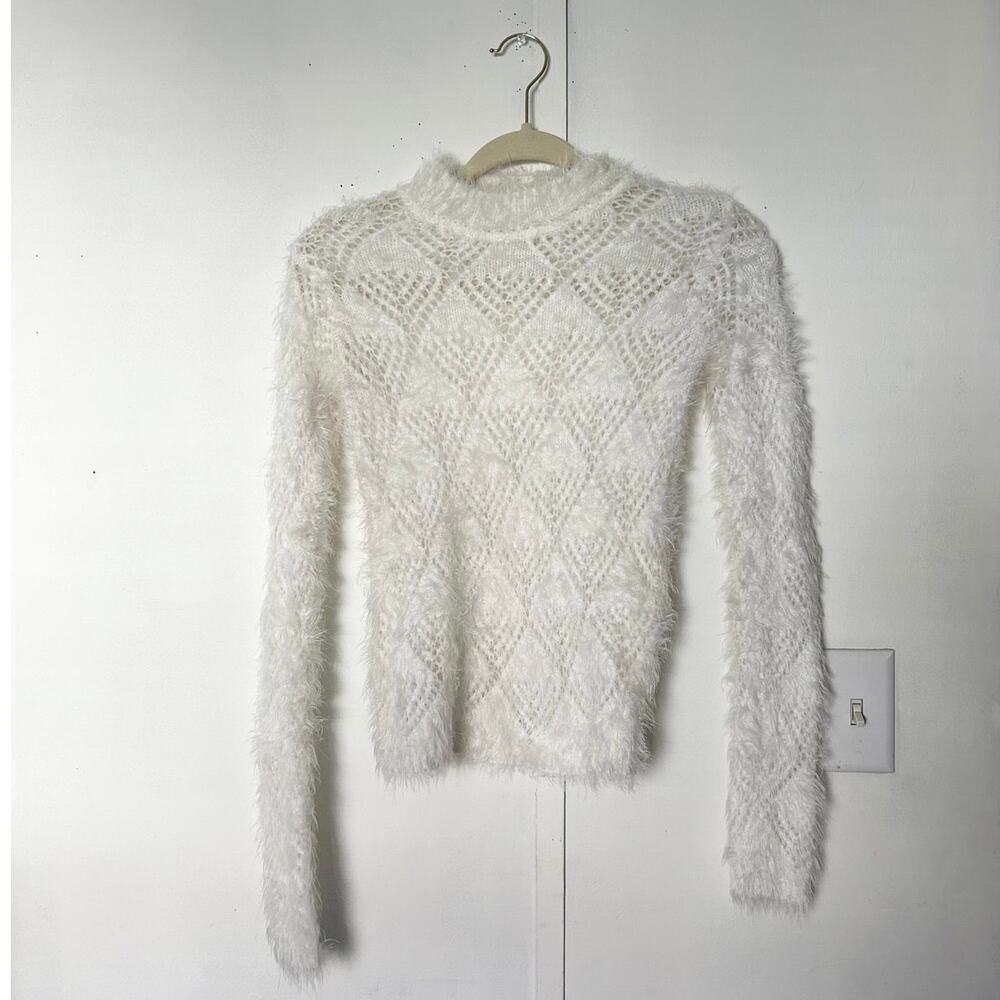 White Fuzzy Open Knit Mock Neck Long Sleeve Sweater